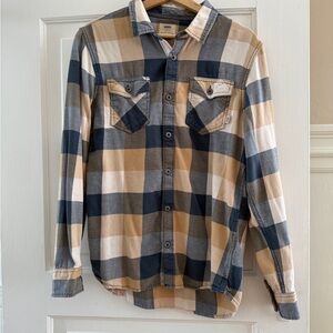 Vans Men's Blue and Tan Plaid Button-Down Shirt